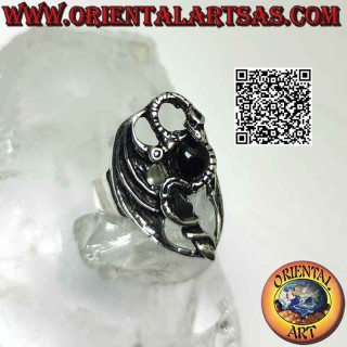 Anello in argento il Quetzalcoatl o Kukulkan (serpente piumato) con pugnale e sfera di onice