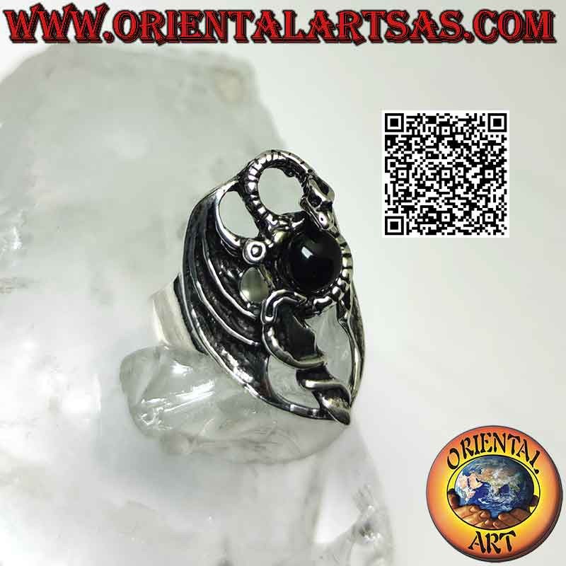 Silver ring the Quetzalcoatl or Kukulkan (feathered serpent) with dagger and onyx sphere