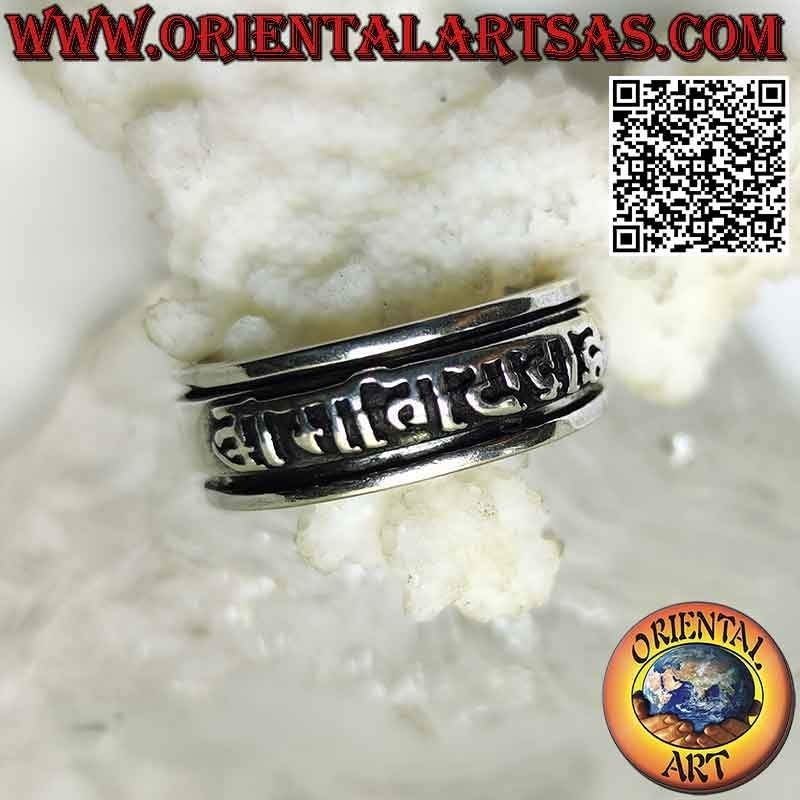 Silver ring with smooth antistress band with Tibetan mantra "OM MANI PADME HUM" in relief