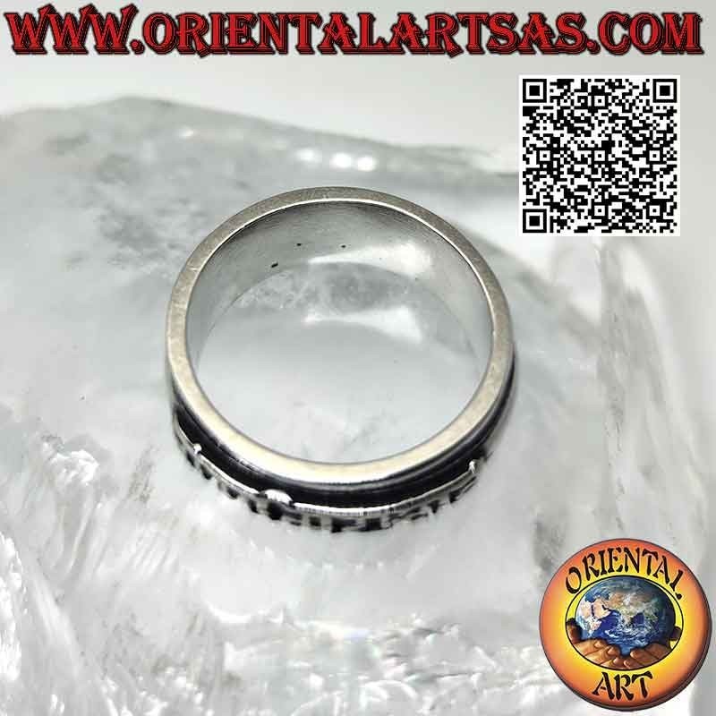 Silver ring with smooth antistress band with Tibetan mantra "OM MANI PADME HUM" in relief