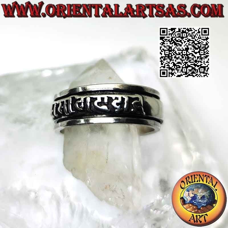 Silver ring with smooth antistress band with Tibetan mantra "OM MANI PADME HUM" in relief