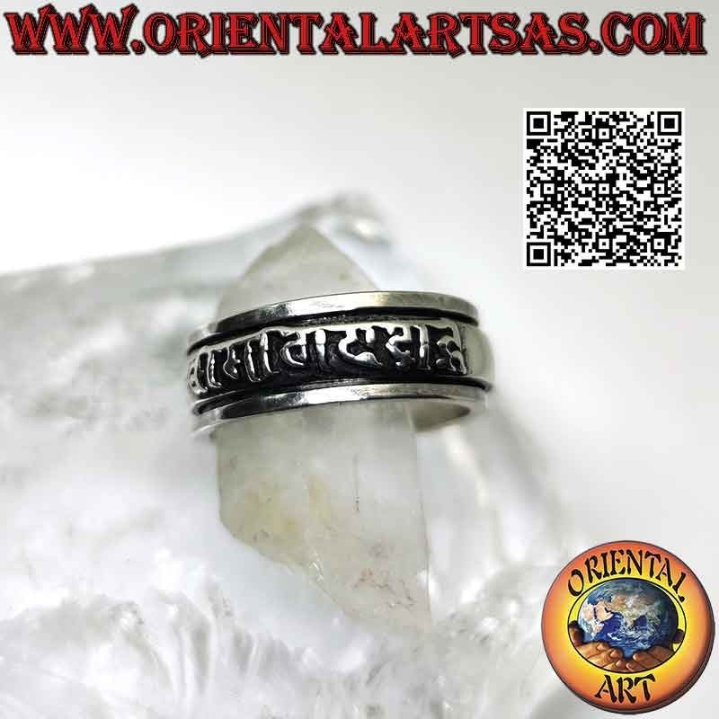 Bague en argent avec bande lisse antistress avec mantra tibétain "OM MANI PADME HUM" en relief
