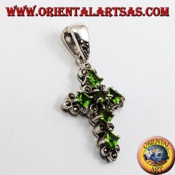 pendant, silver cross and marcassiti with six peridot