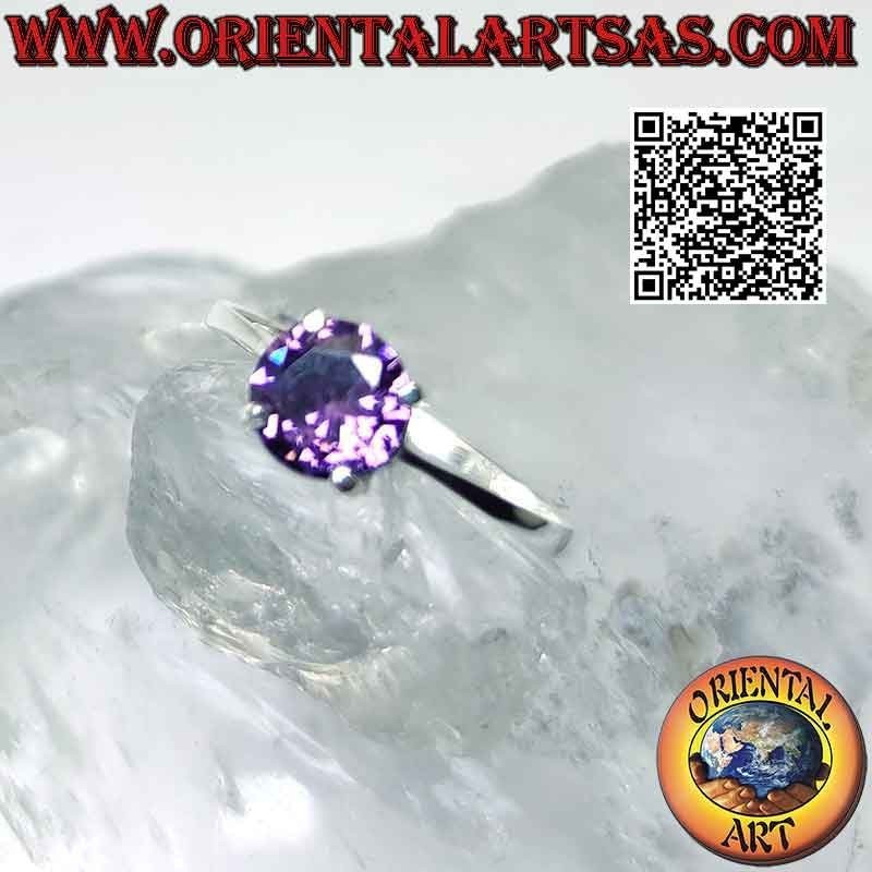Silver ring with round amethyst set on a smooth setting