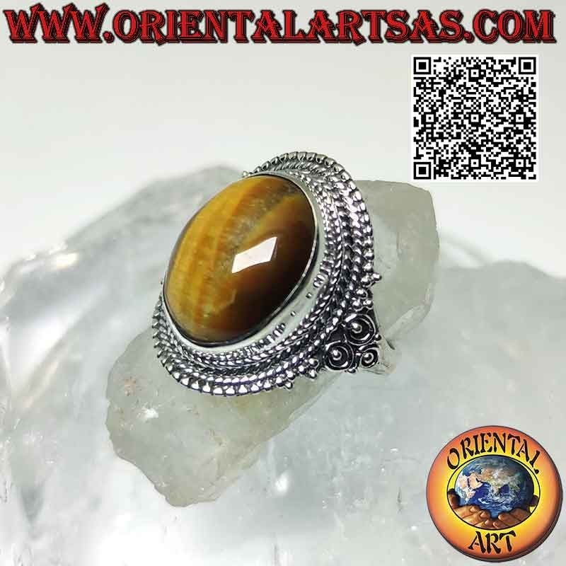 Bague en argent avec gros oeil de tigre et décor de microsphères
