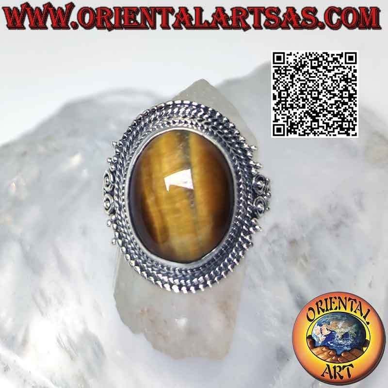Anello in argento con grande occhio di tigre e decoro a microsfere
