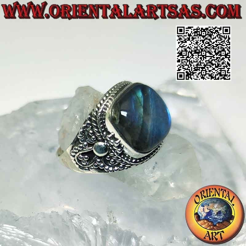 Silver ring with large square beveled labradorite and microspheres