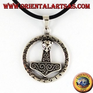 silver pendant, hammer of Thor in runic circle
