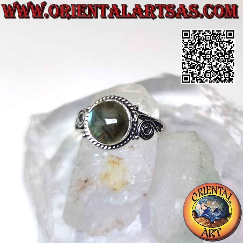 Silver ring with round cabochon labradorite and spirals