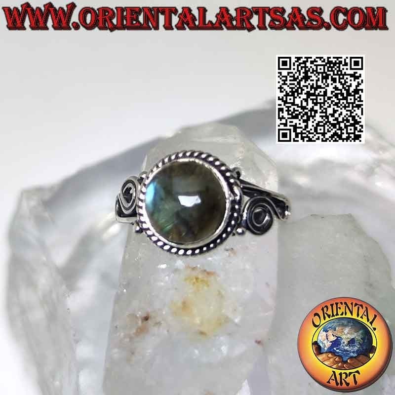 Silver ring with round cabochon labradorite and spirals