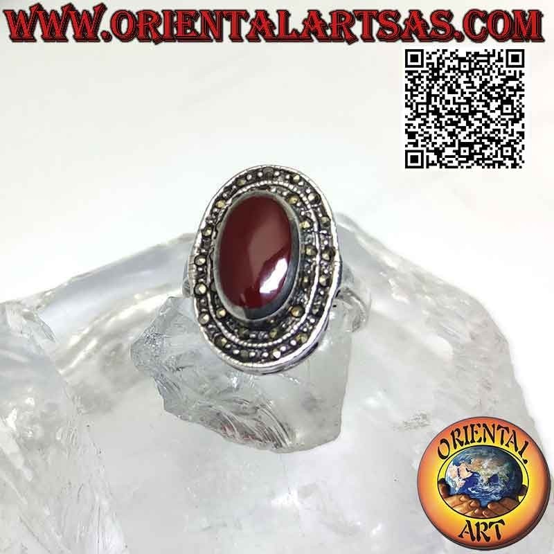 Silver ring with oval carnelian and double row of marcasite
