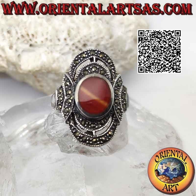 Silver ring with oval carnelian and two double waves of marcasite