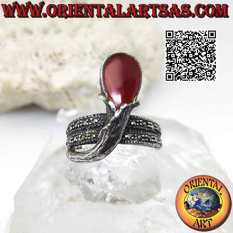 Double-wrap silver ring studded with marcasite and inverted drop carnelian