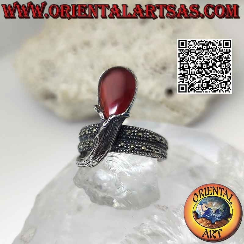 Bague argent double tour et cornaline goutte inversée