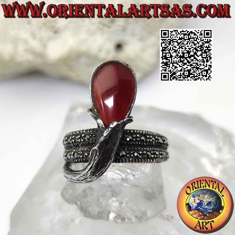 Bague argent double tour et cornaline goutte inversée
