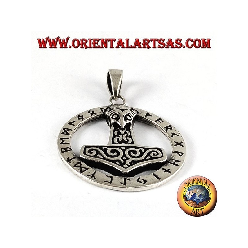 silver pendant, hammer of Thor in runic circle