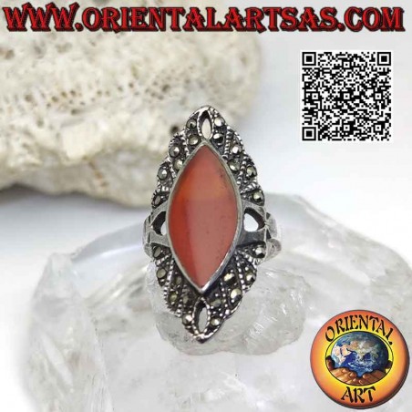 Silver ring with shuttle carnelian surrounded by marcasite and holes on the cardinal points