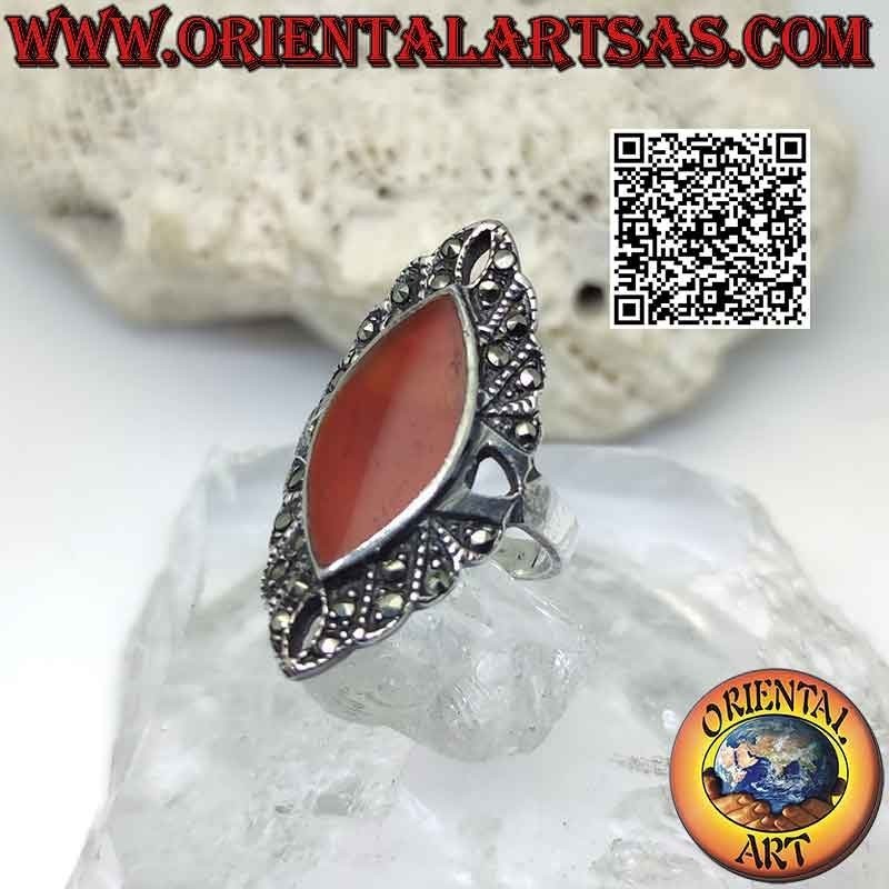 Silver ring with marcasite shuttle carnelian and cardinal holes