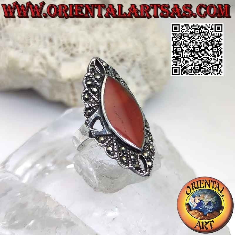 Bague en argent avec cornaline navette marcassite et trous cardinaux