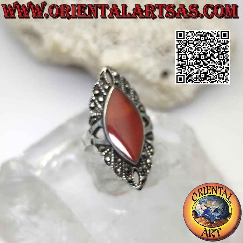 Silver ring with marcasite shuttle carnelian and cardinal holes