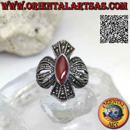 Silver ring with a convex cross studded with marcasites with central shuttle carnelian