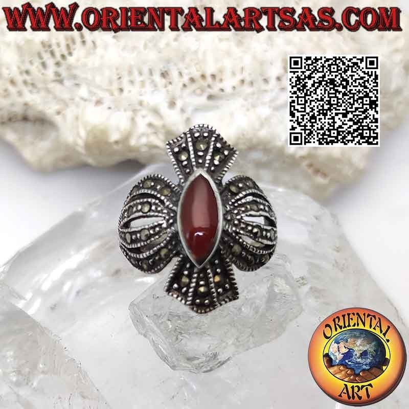 Silver ring rounded cross of marcasites with shuttle carnelian