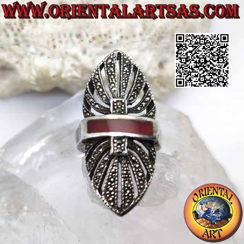 Silver shuttle ring studded with marcasite and central band of carnelian