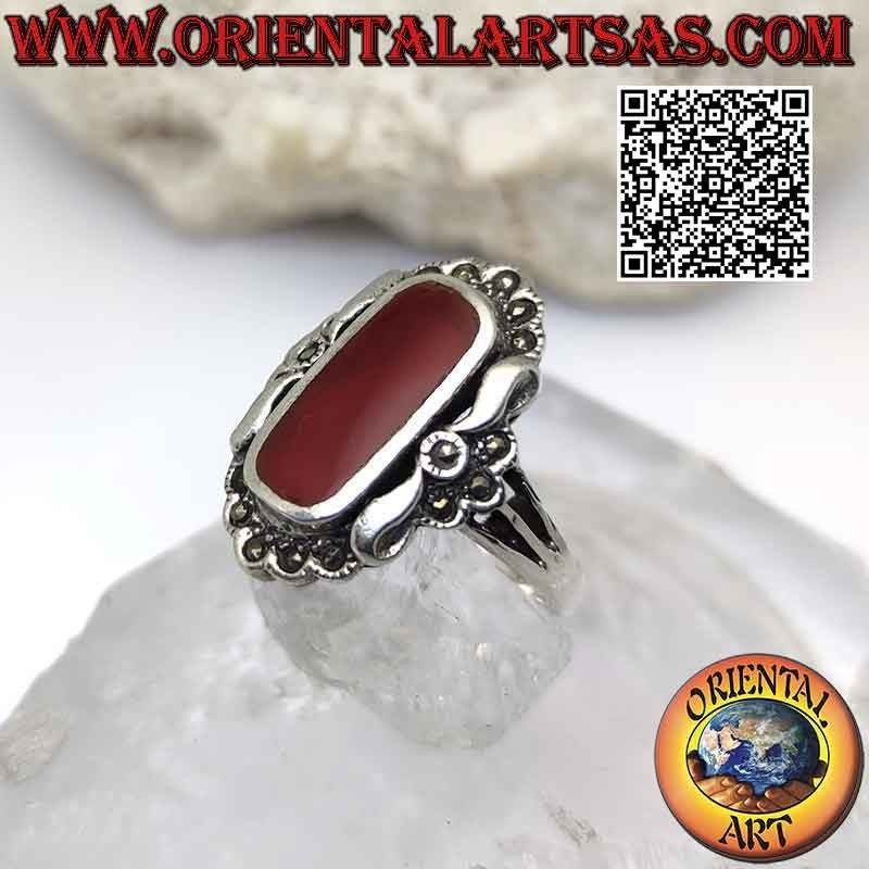 Carnelian silver ring on elegant setting with marcasite