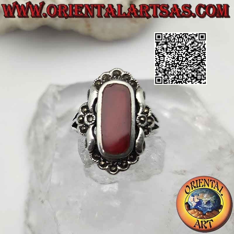 Carnelian silver ring on elegant setting with marcasite