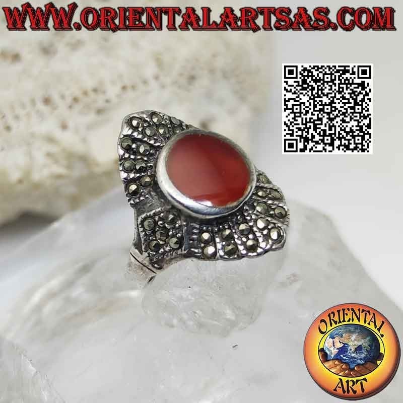 Silver ring with oval carnelian on a rhomboid setting studded with marcasite