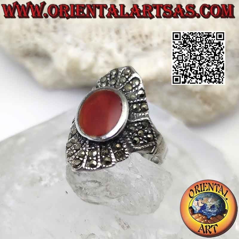 Silver ring with oval carnelian on a rhomboid setting studded with marcasite