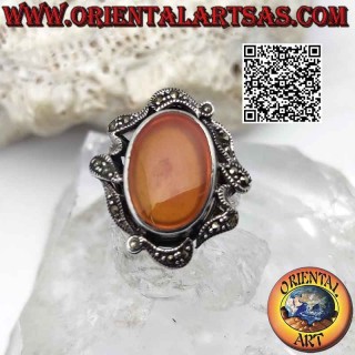 Silver ring with oval carnelian and abstract lines of marcasite