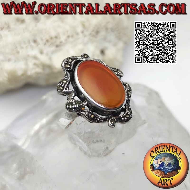 Silver ring with oval carnelian and abstract lines of marcasite