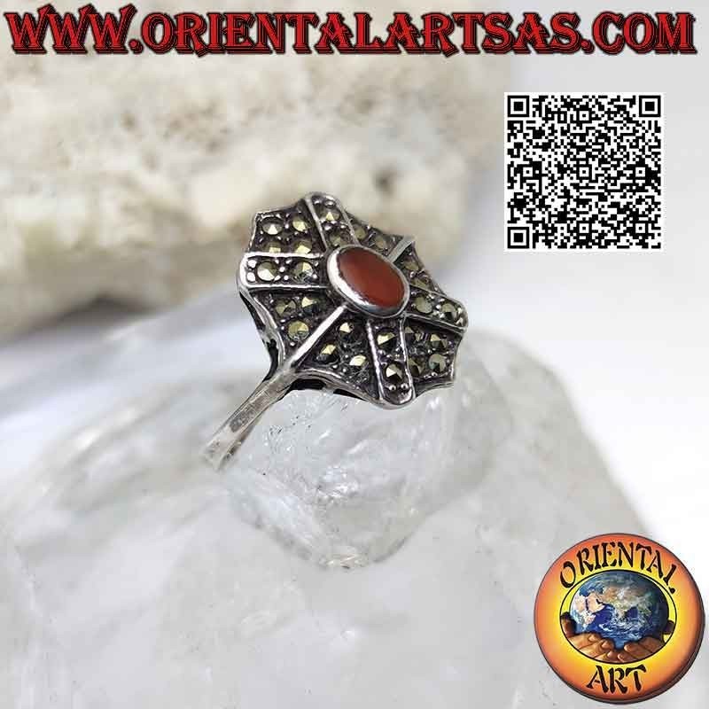 Marcasite-studded silver ring with octagonal shield with St. Andrew's Cross and oval carnelian oval