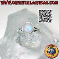 Silver ring with a round cabochon rainbow moonstone on a smooth frame attached to two
