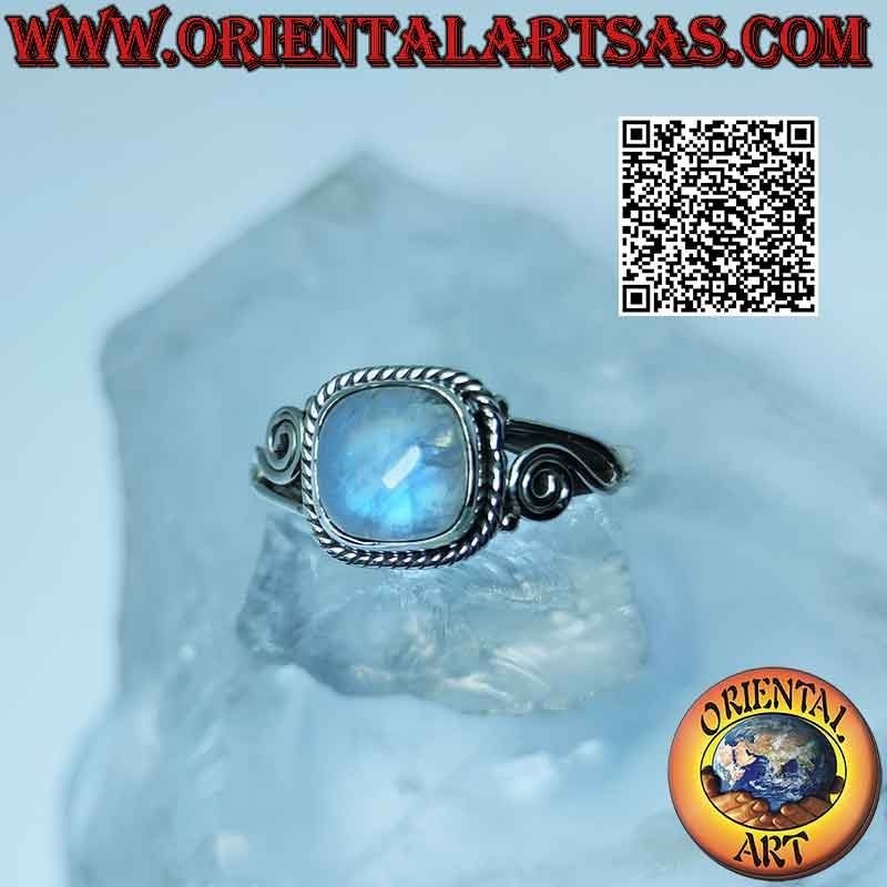 Silver ring with rainbow moonstone and asymmetrical spiral