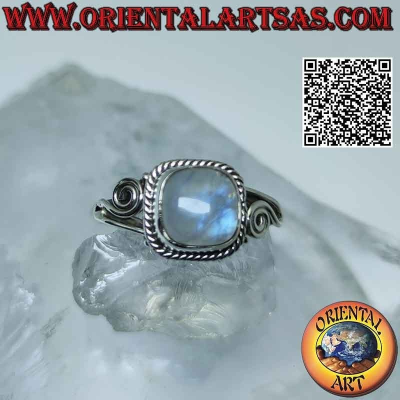 Silver ring with rainbow moonstone and asymmetrical spiral