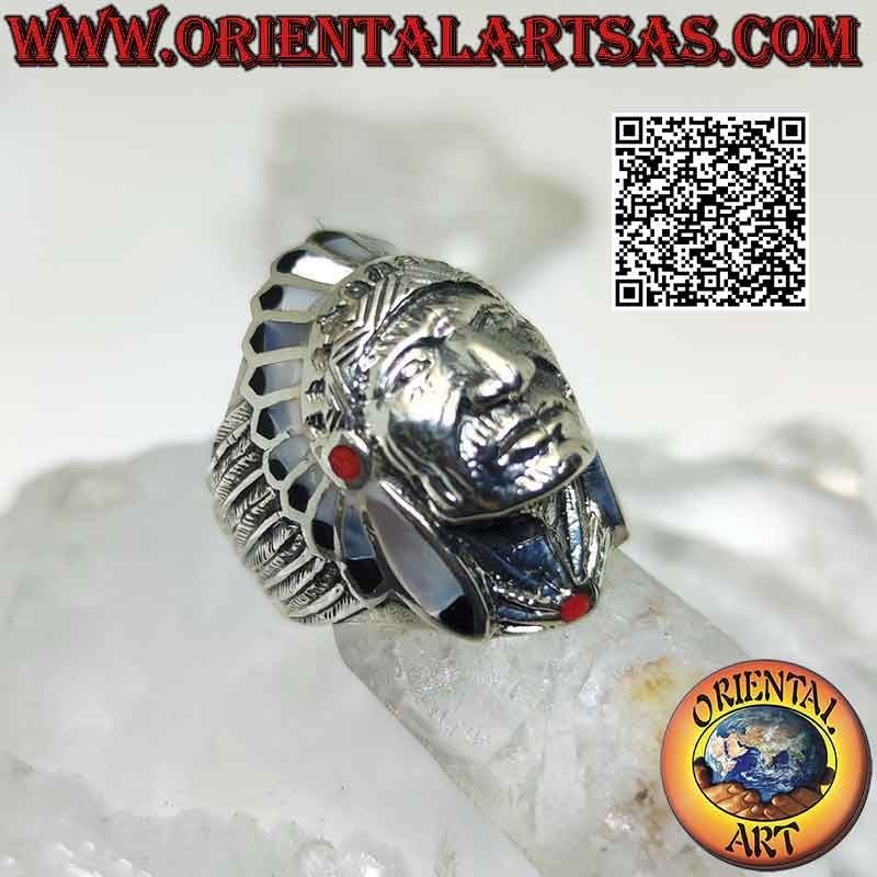 Anillo de plata, indio nativo americano con tocado de nácar