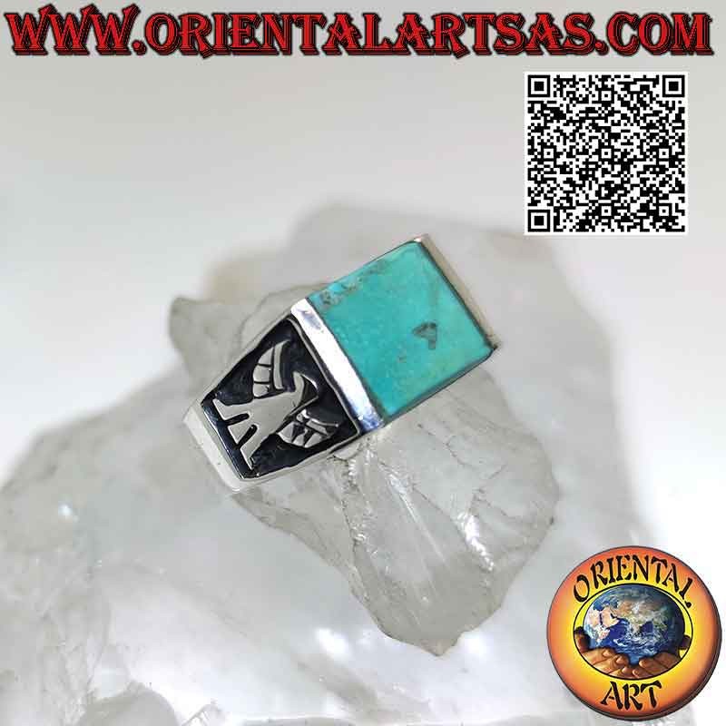 Silver ring with natural Arizona turquoise square and low relief eagle on the sides