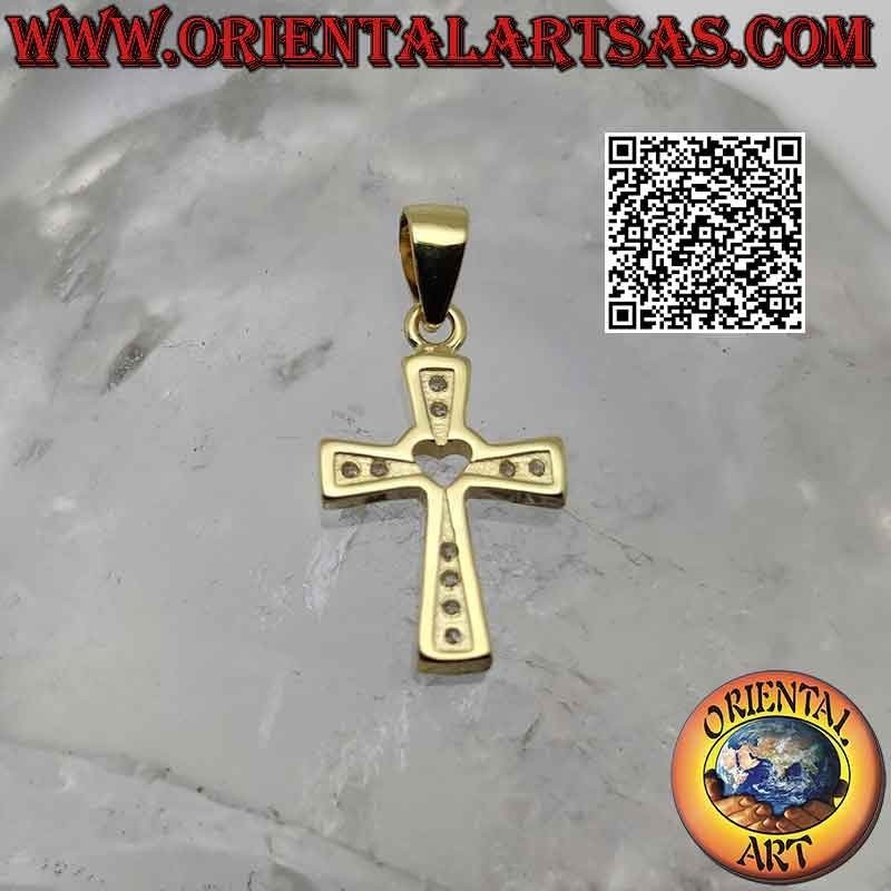 Colgante de plata, cruz cristiana con corazón en el centro (chapado en oro)