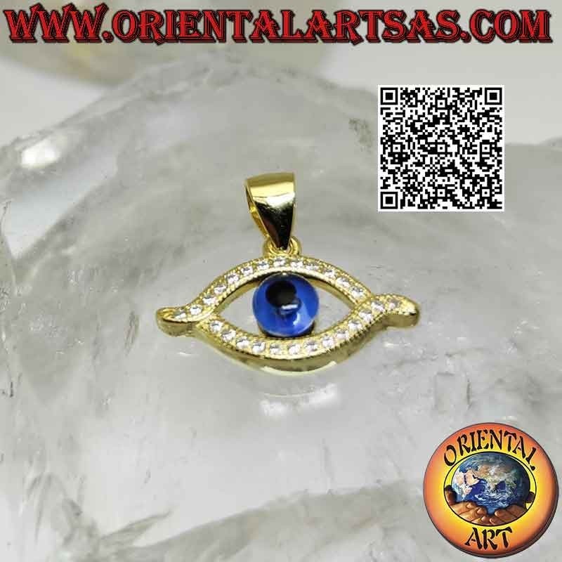 Pendentif en argent plaqué or, oeil d'Allah avec zircons autour