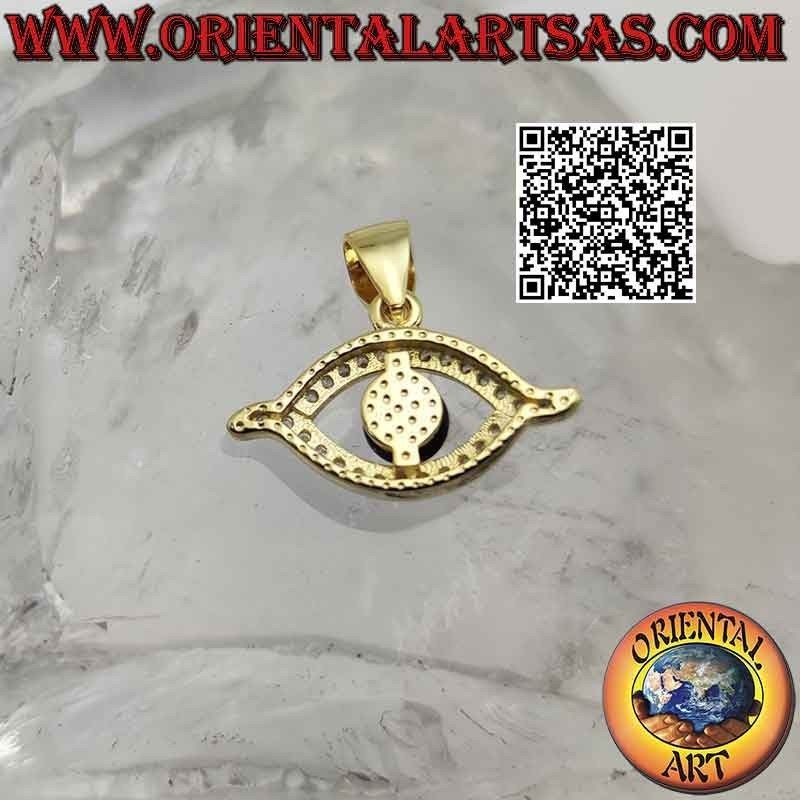 Ciondolo in argento placcato in oro, occhio di Allah con zirconi intorno