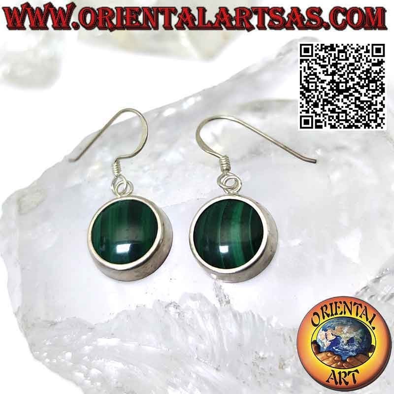 Silver earrings with round malachite and thick smooth edge