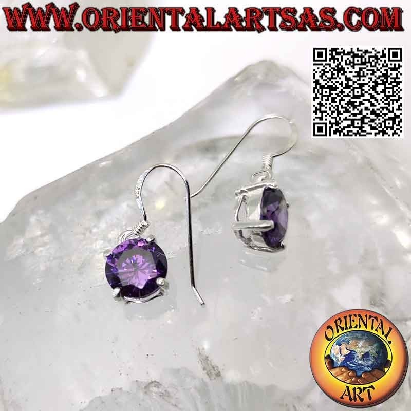 Boucles d'oreilles en argent avec améthyste ronde sur un double cadre lisse