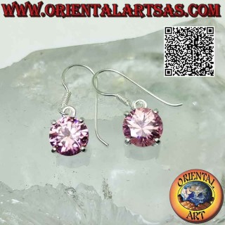 Boucles d'oreilles en argent avec zircon rose de France rond facetté serti dans un double serti lisse