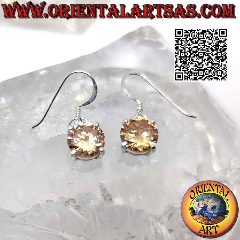 Boucles d'oreilles en argent avec zircon champagne rond facetté serti dans un double cadre lisse