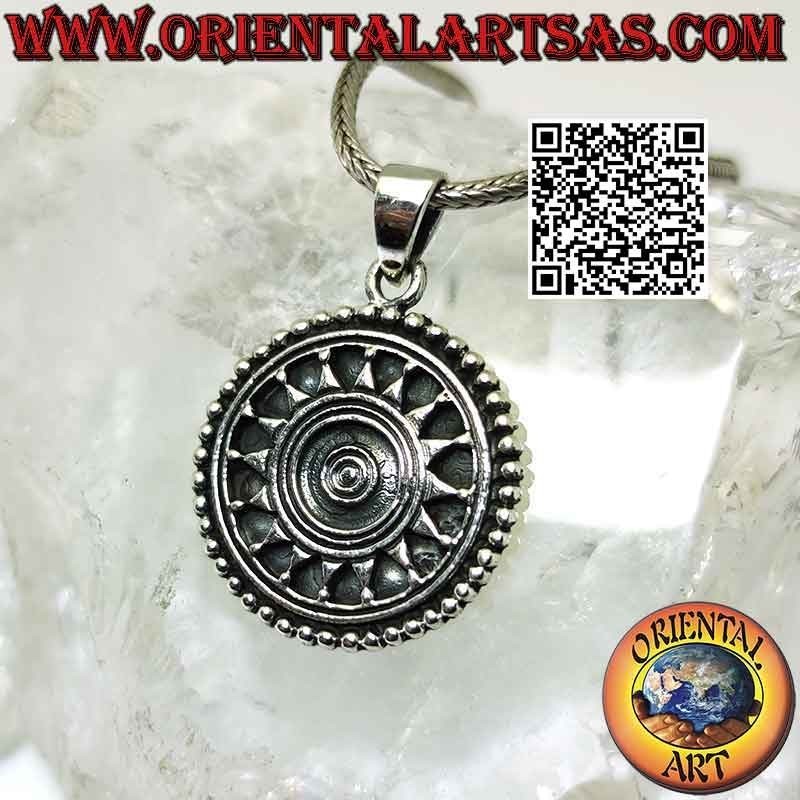 Silver pendant, solar Tibetan mandala with central spiral
