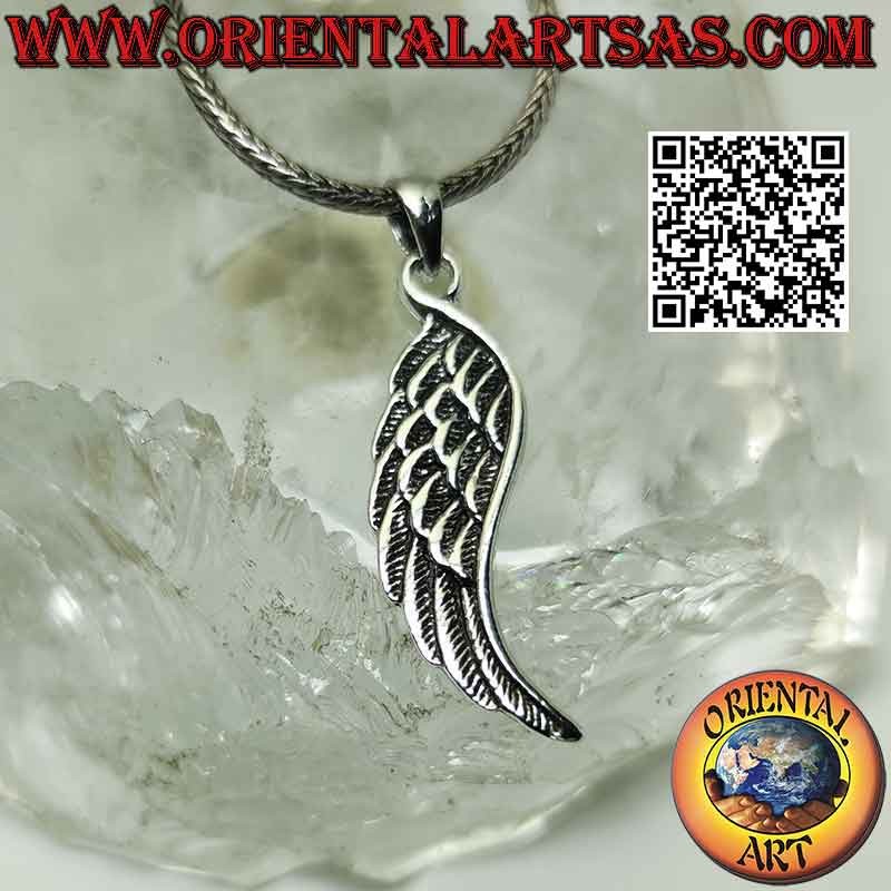 Silver pendant, double-sided angel wing with embossed feathers