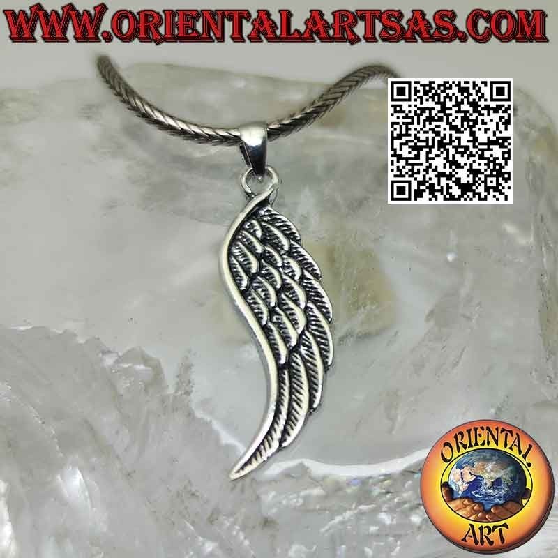 Colgante de plata, ala de ángel de doble cara con plumas en relieve
