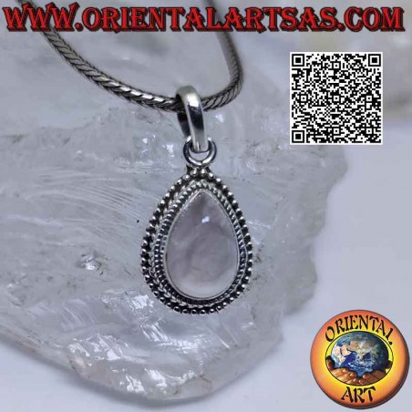 Silver pendant with cabochon drop-shaped rose quartz surrounded by intertwining and smooth microspheres